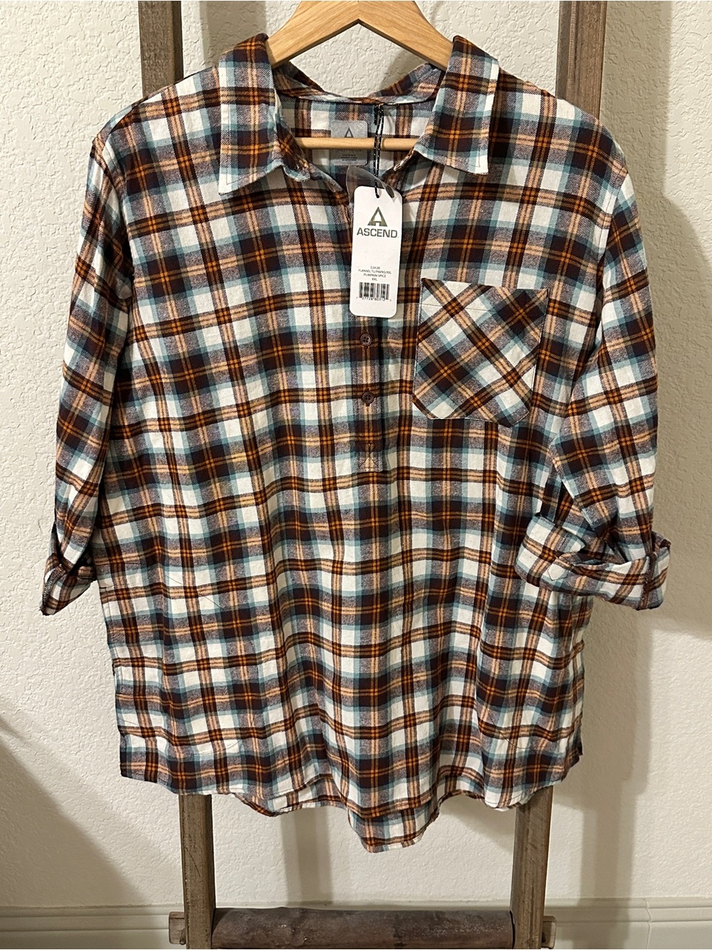 Ascend Plus Size Women's Brown & Teal Plaid Half Button-Down Tunic Style Flannel